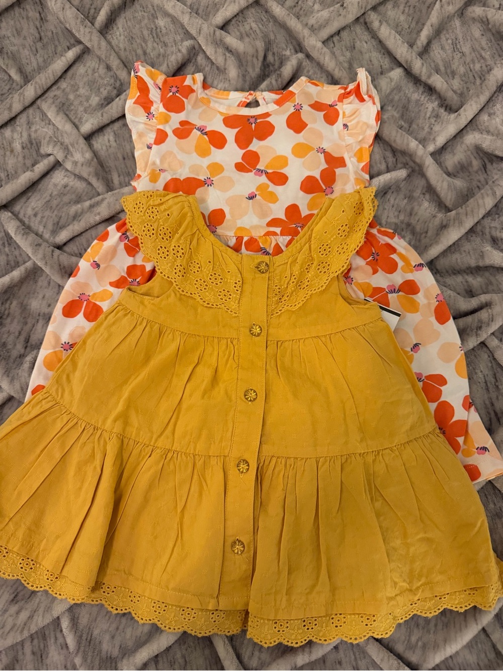 Baby Artisan NY Mustard Eyelet Pinafore with White Floral Dress Set